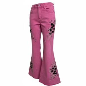 Y2K Pol Hot Pink Dreams Embroidered Bell Bottoms 70s Festival Flare Jeans Small